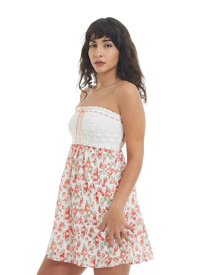 Asharae  Women's Printed Short Dress With Crotchet Yoke Comfortable Material, Breathable Daily Wear, Casual Fashion Outfit, Special Occasion Outfit, Trendy & Chic Apparel for Women | Best Price UAE